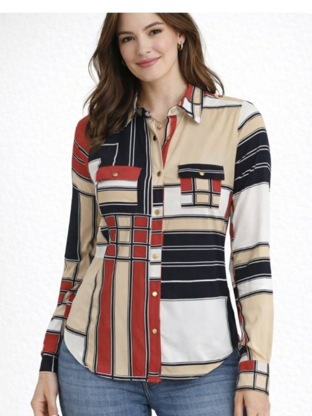 NWT $148 BCBGMAXAZRIA Womens Sz XL Knit Blouse Snap Up Long Sleeve Geometric
